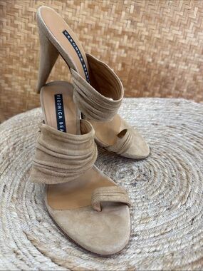 Veronica Beard Suede Tan Ruched Strap High Heel Sandals